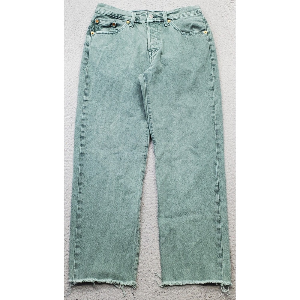 Levi's 501 Jeans Womens 29x24 Green Denim Straight Leg Frayed Hem Button Fly